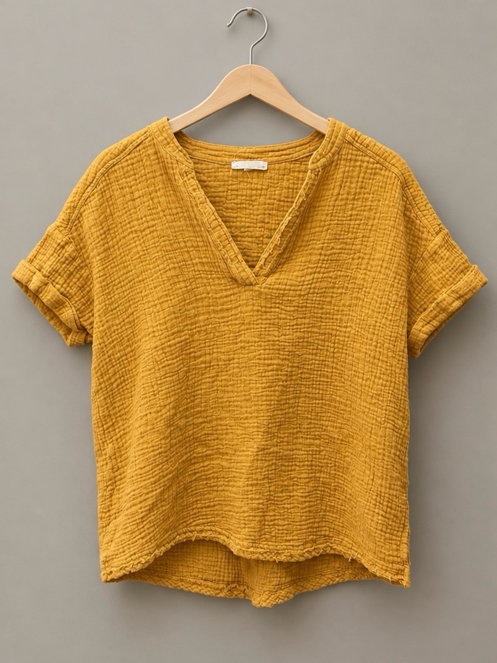 Promesa Mustard V-Neck Short Sleeve Gauze Top